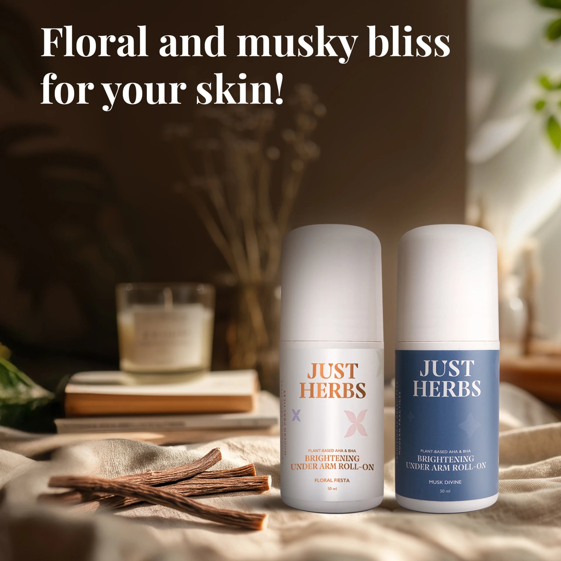 Just Herbs Under Arm Roll On for Women Floral Fiesta | AHA BHA Brightening Deodorant Roll-On | Long Lasting Odour Protection | 50ml