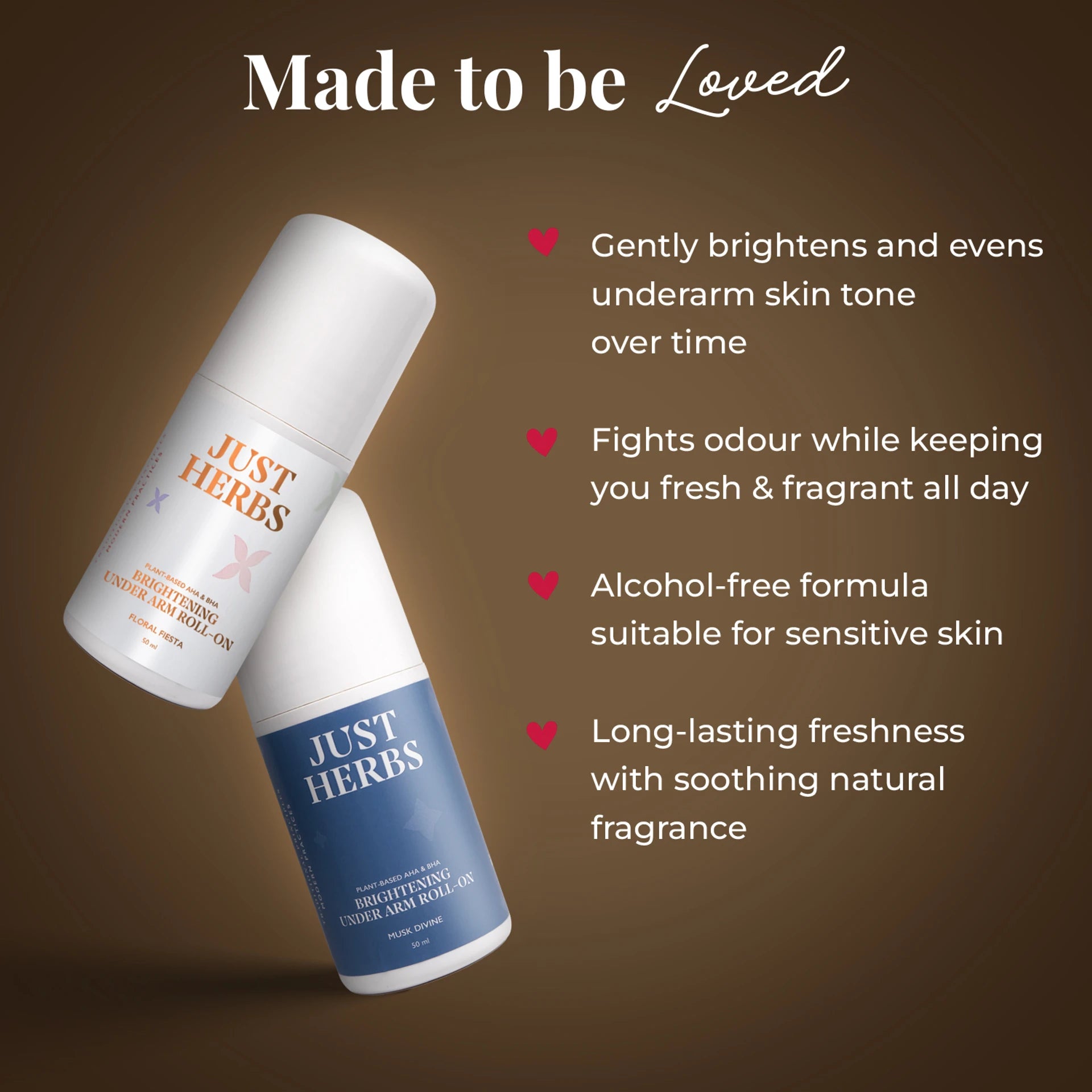 Just Herbs Under Arm Roll On for Women Floral Fiesta | AHA BHA Brightening Deodorant Roll-On | Long Lasting Odour Protection | 50ml