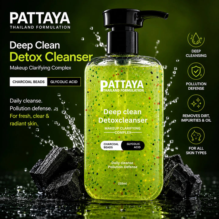 Pattaya Deep Clean Detox Cleanser | Glycolic Acid & Charcoal Beads Face Cleanser for Deep Cleansing | 235ml