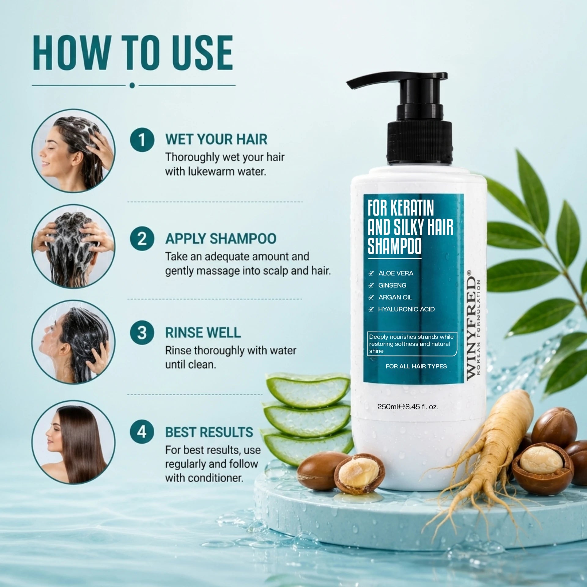 WINYFRED Korean Formulation Keratin & Silky Hair Shampoo | Keratin-Enriched Shampoo for Smooth, Soft & Frizz-Free Hair | Deep Nourishment & Shine | 250ml