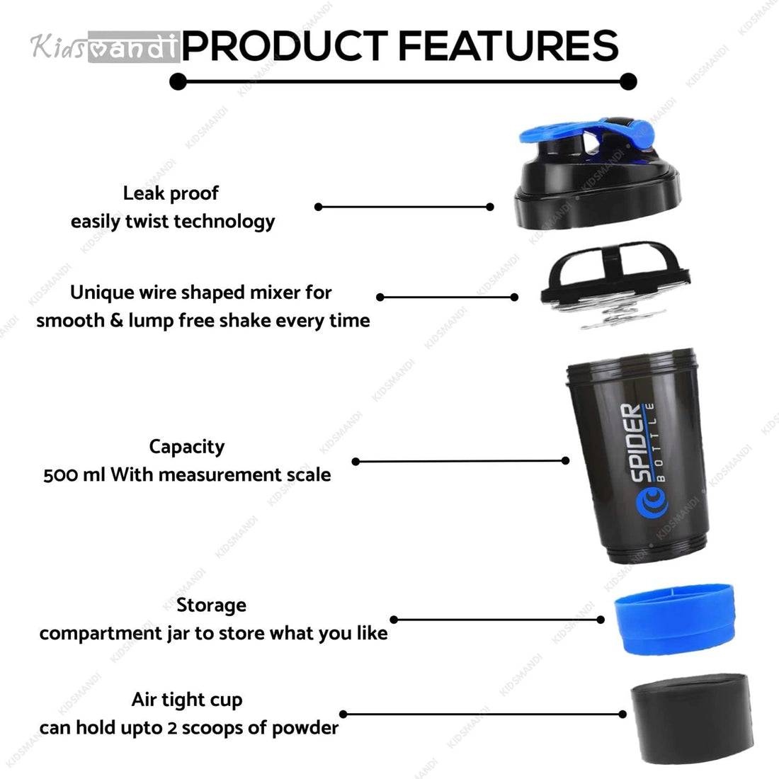 Gym Spider ProMix Shaker Bottle 500ml | Leakproof Protein Shaker with Extra Storage Compartments & Fitness Accessory Kit