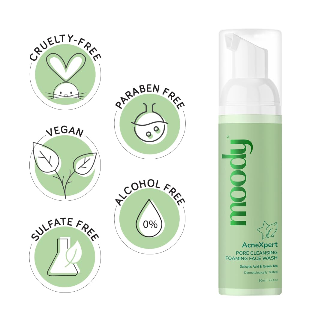 Moody Acnexpert Foaming Face Wash | 2% Salicylic Acid & Green Tea Cleanser for Oily & Acne-Prone Skin | Alcohol & Sulphate Free | 80ml