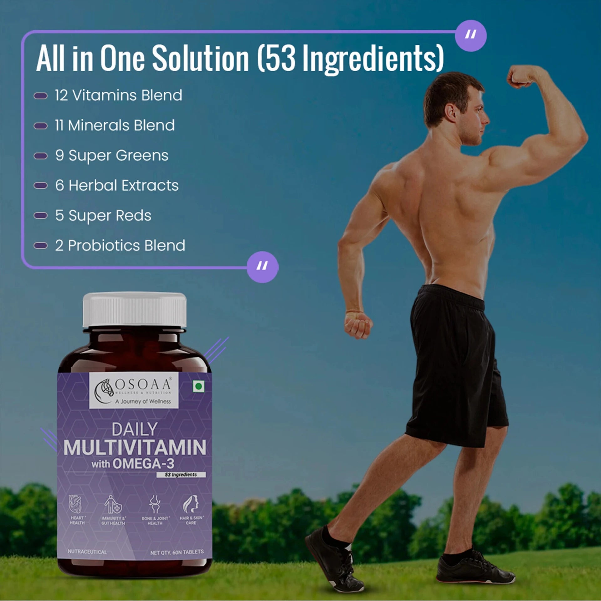 OSOAA Daily Multivitamin with vegetarian Omega 3, 53 Ingredients (60 Capsules)