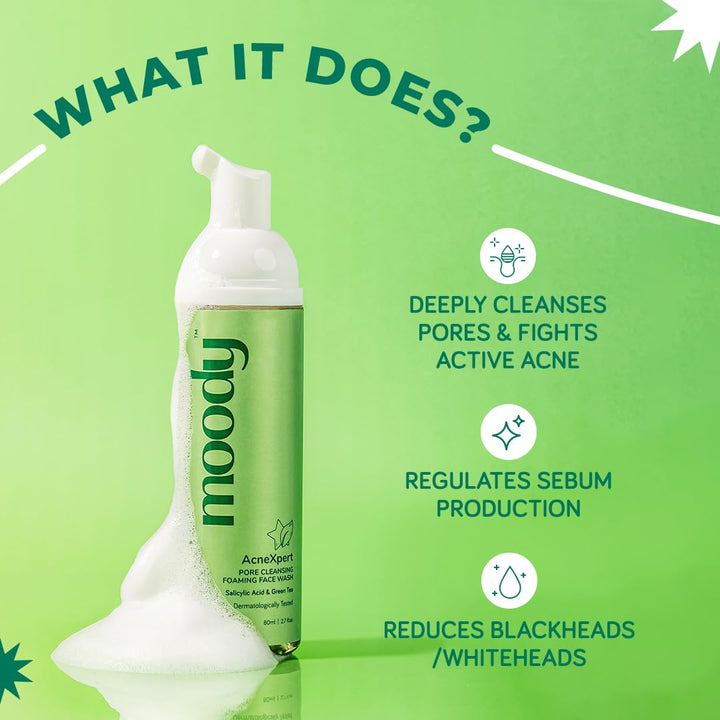 Moody Acnexpert Foaming Face Wash | 2% Salicylic Acid & Green Tea Cleanser for Oily & Acne-Prone Skin | Alcohol & Sulphate Free | 80ml