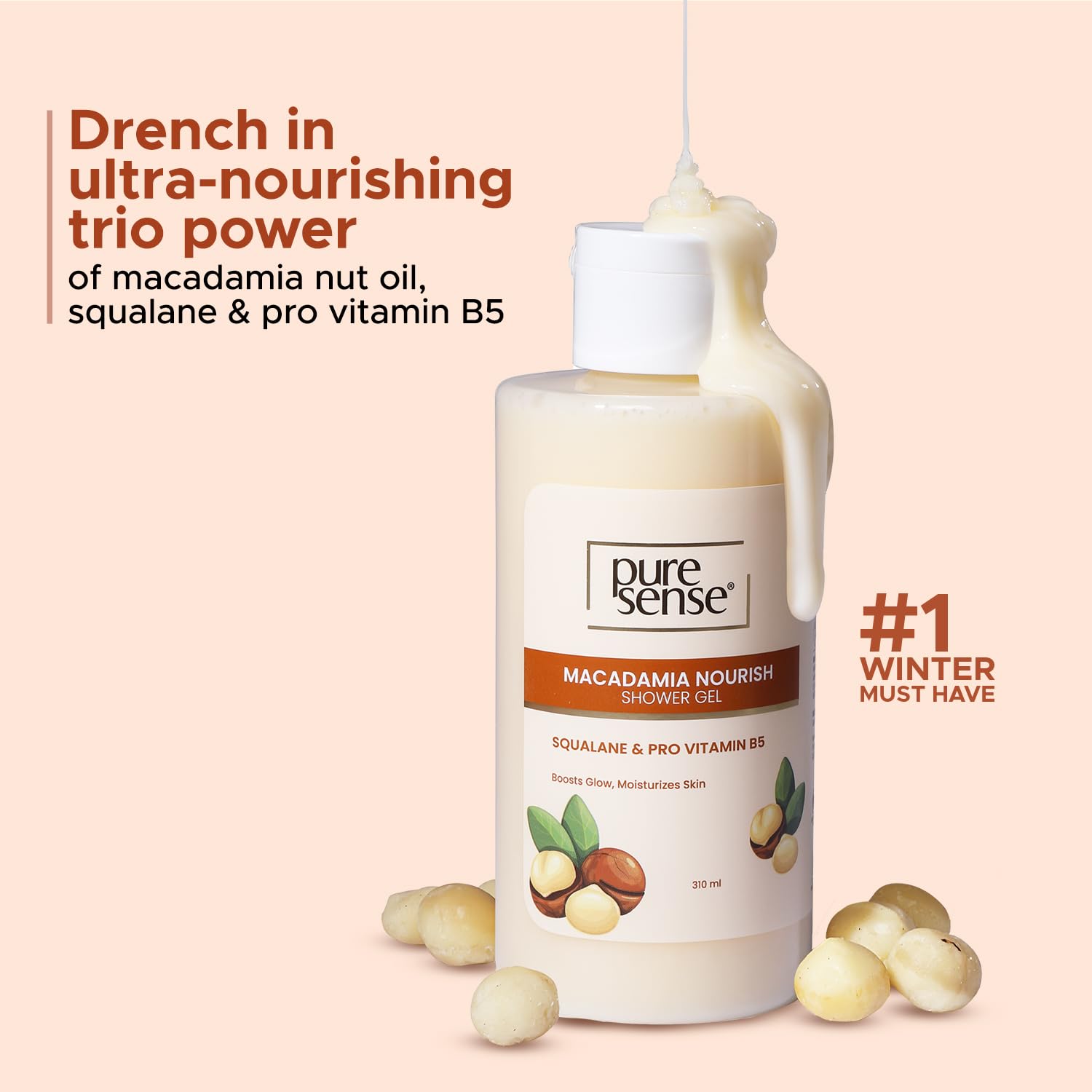 PureSense Macadamia Nourish Body Wash with Niacinamide | Pro Vitamin B5 & Fruit Extracts for Deep Hydration & Gentle Cleansing | 310ml