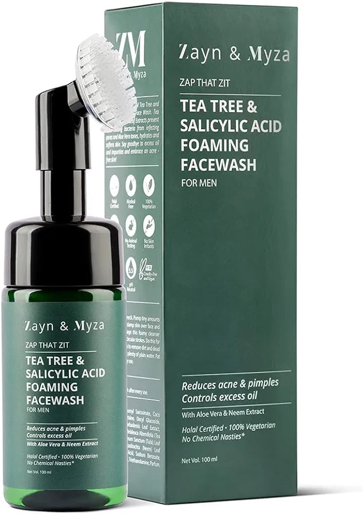 ZM Zayn & Myza Tea Tree & Salicylic Acid Foaming Face Wash | With Aloe Vera & Neem Extracts | Built-in Brush For Deep Cleansing | Anti Acne Face Wash For Oily Skin | Reduces Acne, Pimples | For all Skin Types - 100 ML