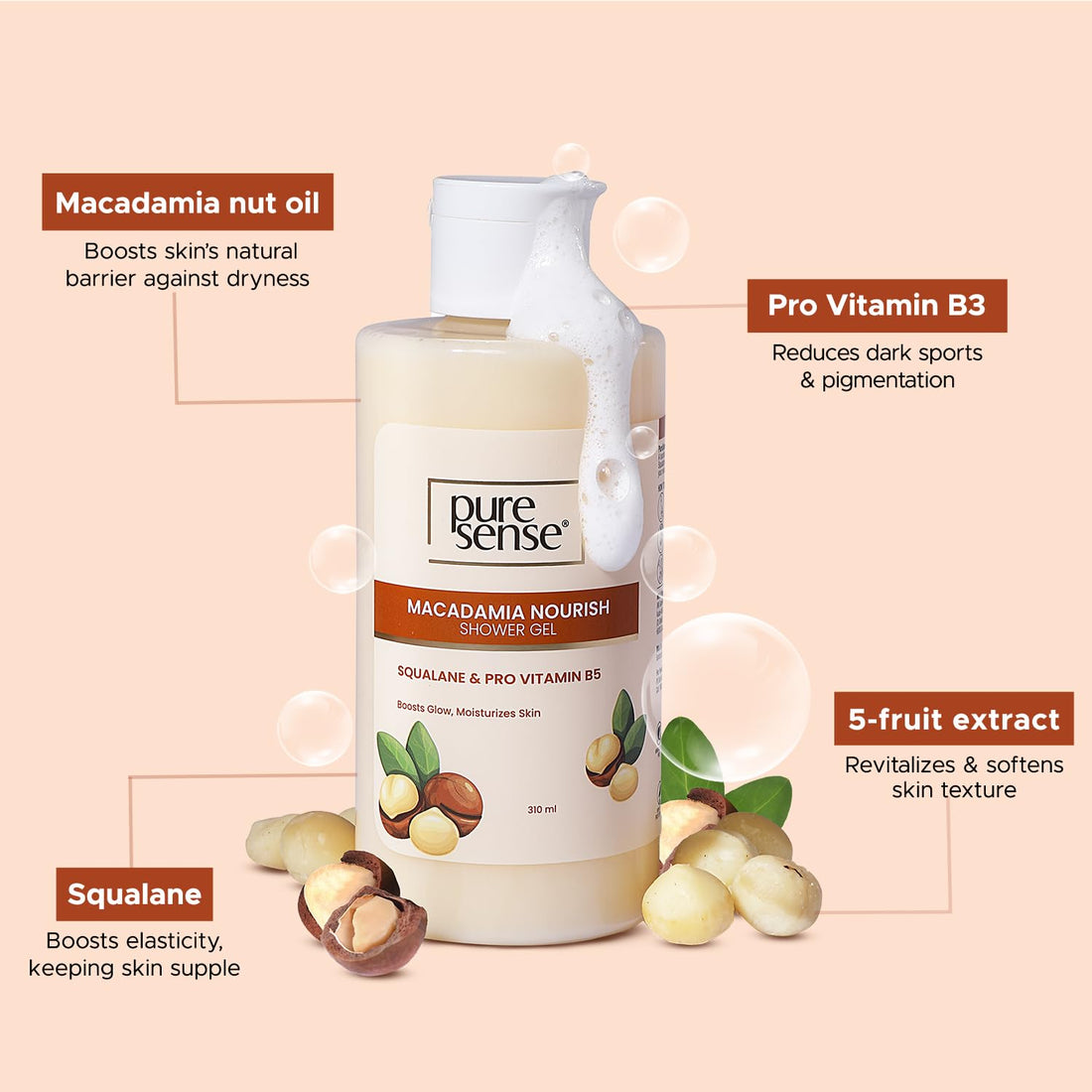 PureSense Macadamia Nourish Body Wash with Niacinamide | Pro Vitamin B5 & Fruit Extracts for Deep Hydration & Gentle Cleansing | 310ml