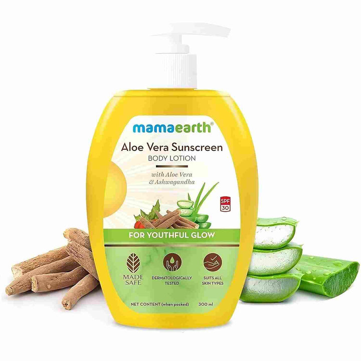 Mamaearth Aloe Vera Sunscreen Body Lotion SPF 30 | Daily Moisturizing Sun Protection for All Skin Types | 300ml