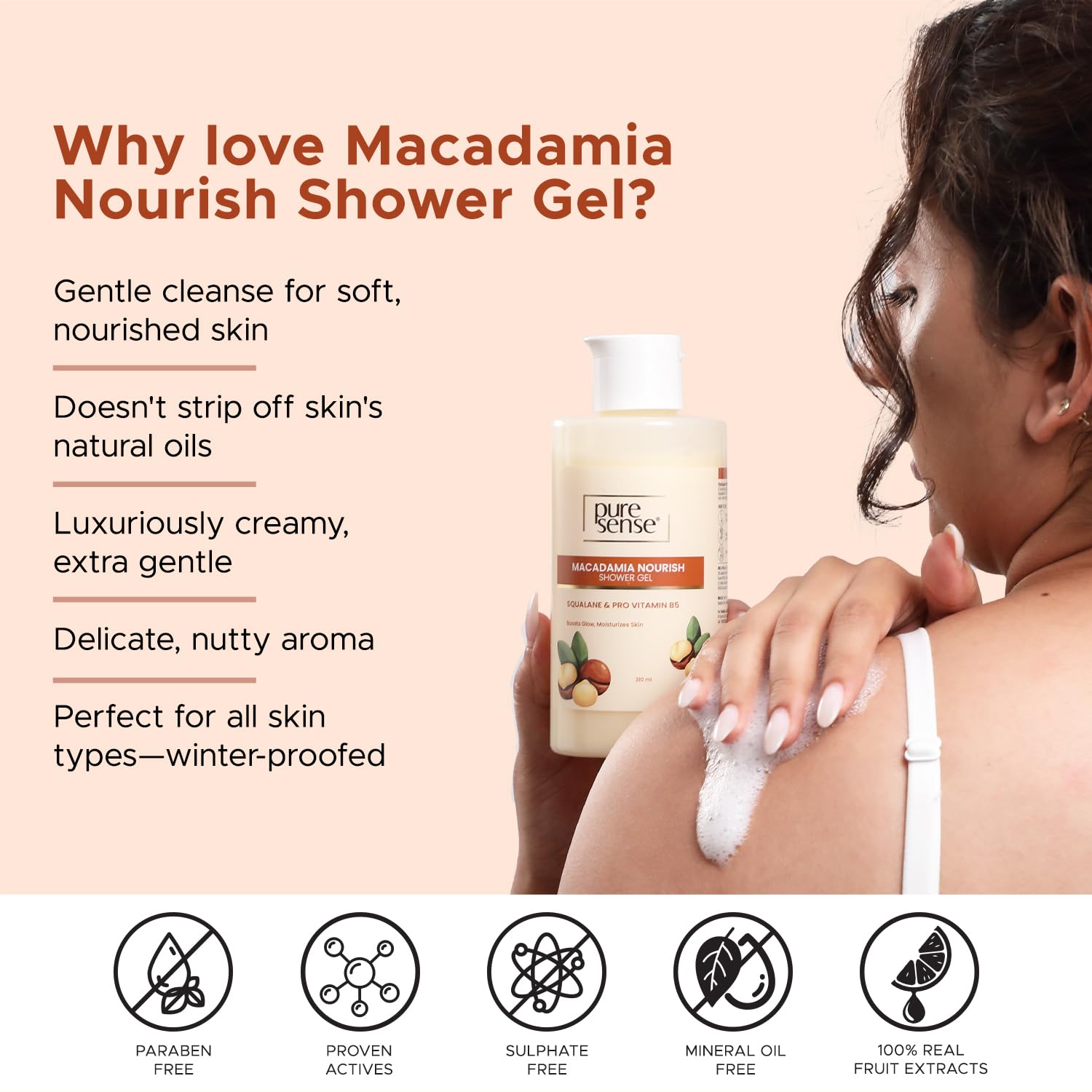 PureSense Macadamia Nourish Body Wash with Niacinamide | Pro Vitamin B5 & Fruit Extracts for Deep Hydration & Gentle Cleansing | 310ml