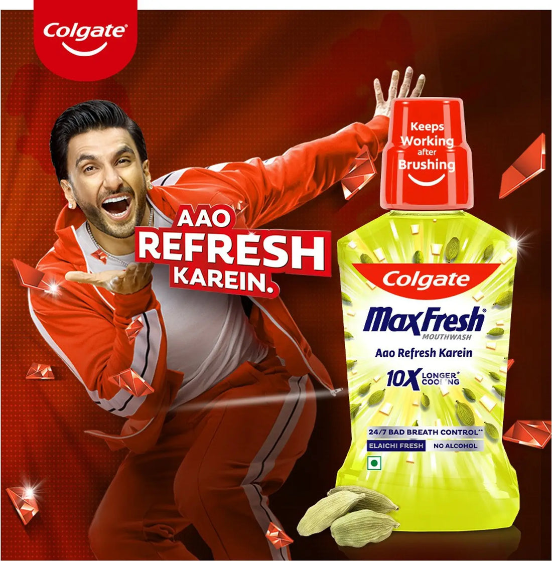 Colgate Maxfresh Mouthwash - 10X Longer Cooling, Removes Germs, No Bad Breath, Elaichi, 250 ml Bottle
