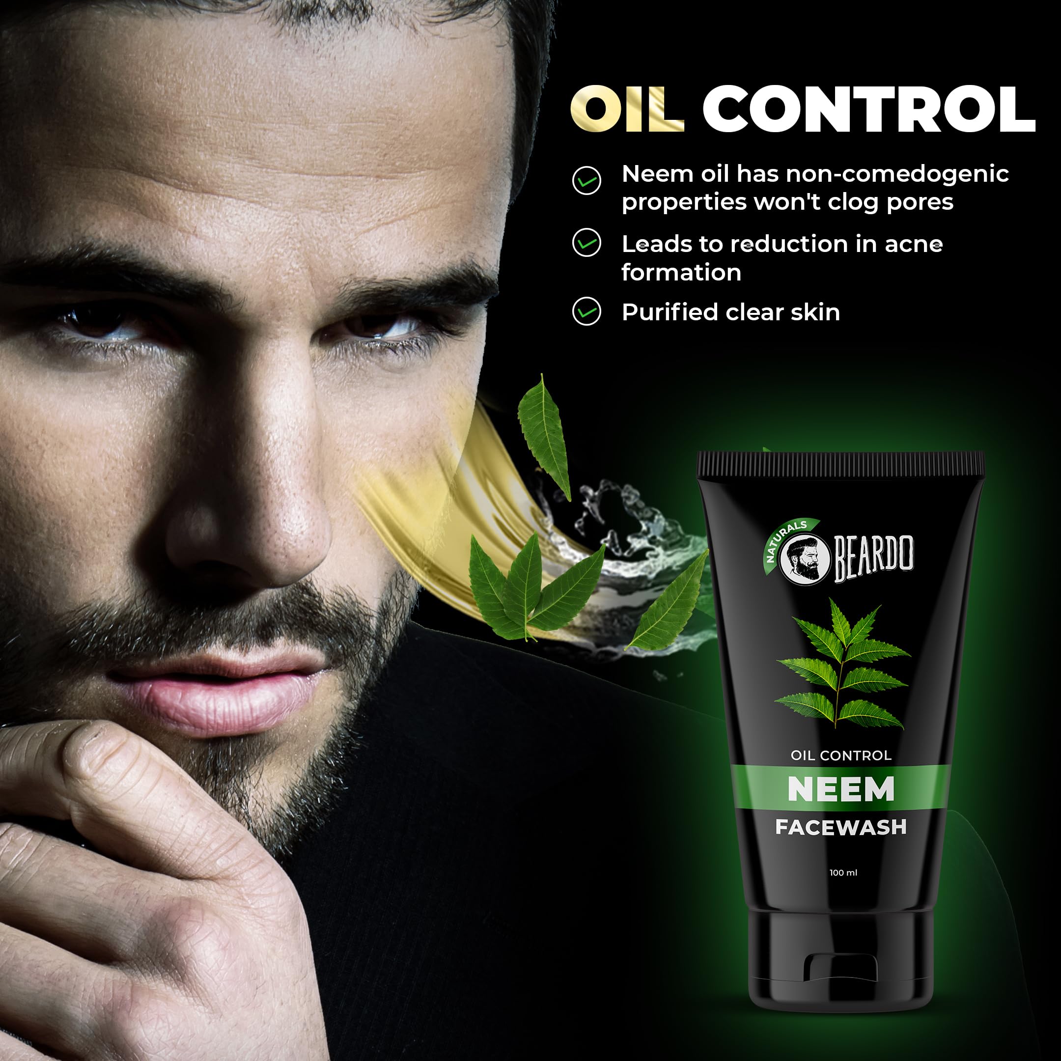 Beardo Purifying Neem Face Wash for Oil Control, 100ml | Soothes & Heals | Daily facewash for men | Face Wash For Oily Skin Acne, Pimple And Oil Control With Glowing Skin