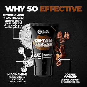 Beardo DeTan Face Wash for Men | With Vitamin E, Aloe Vera & Coffee | All in One Tan removal Face Wash for Men | Exfoliates, Brightens and Hydrates Skin | All Skin type | 100ml