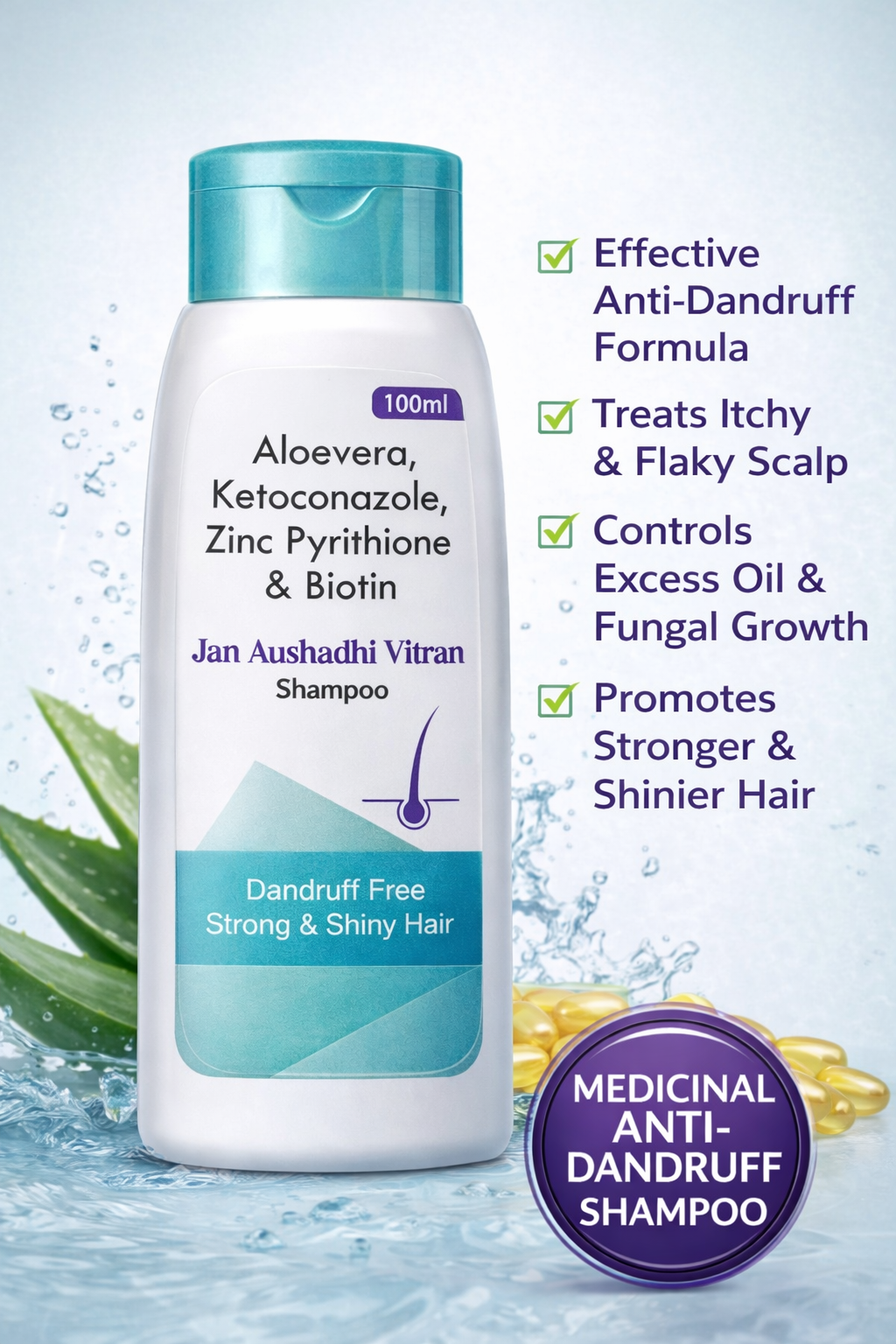 Jan Aushadhi Vitran Aloevera, Ketoconazole, Zinc Pyrithione & Biotin Shampoo (100 ml)