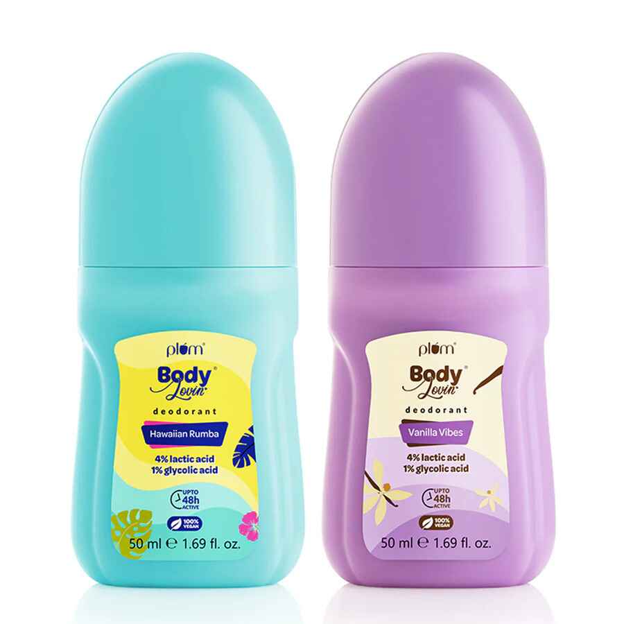 Plum BodyLovin' Vanilla Vibes Underarm Roll On deodorant for Women | Last Up to 48H | 4% Lactic Acid & 1% Glycolic Acid | Controls Odor & Fades Underarm Darkness | Warm Vanilla Fragrance Underarm Roll On | 50ml