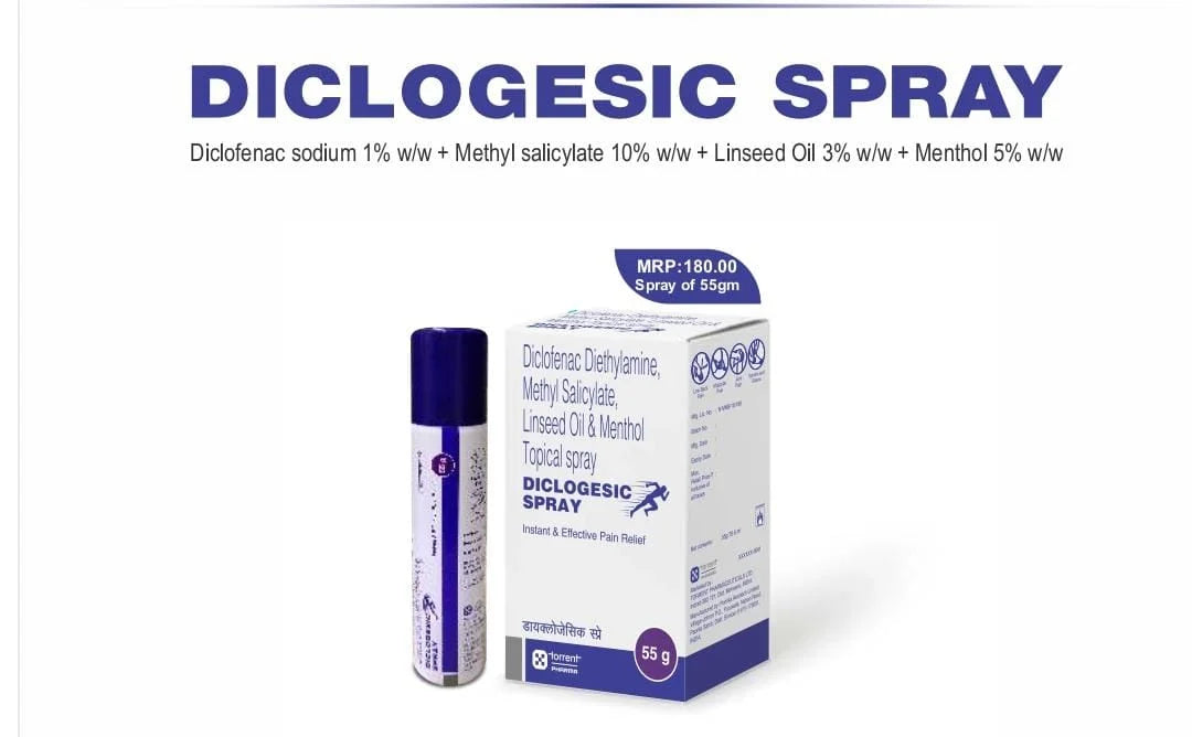 Diclofenac Dithylamine 1.16%w/w, Linseed Oil 3%w/w, Methyl Salicylate 10%w/w and Menthol 5%w/w Pain Relief Spray