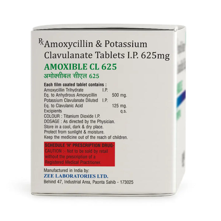 Amoxible CL 625 Antibiotic Tablet | Amoxycillin 500mg + Clavulanic Acid 125mg | Broad-Spectrum Prescription Antibiotic for Bacterial Infections