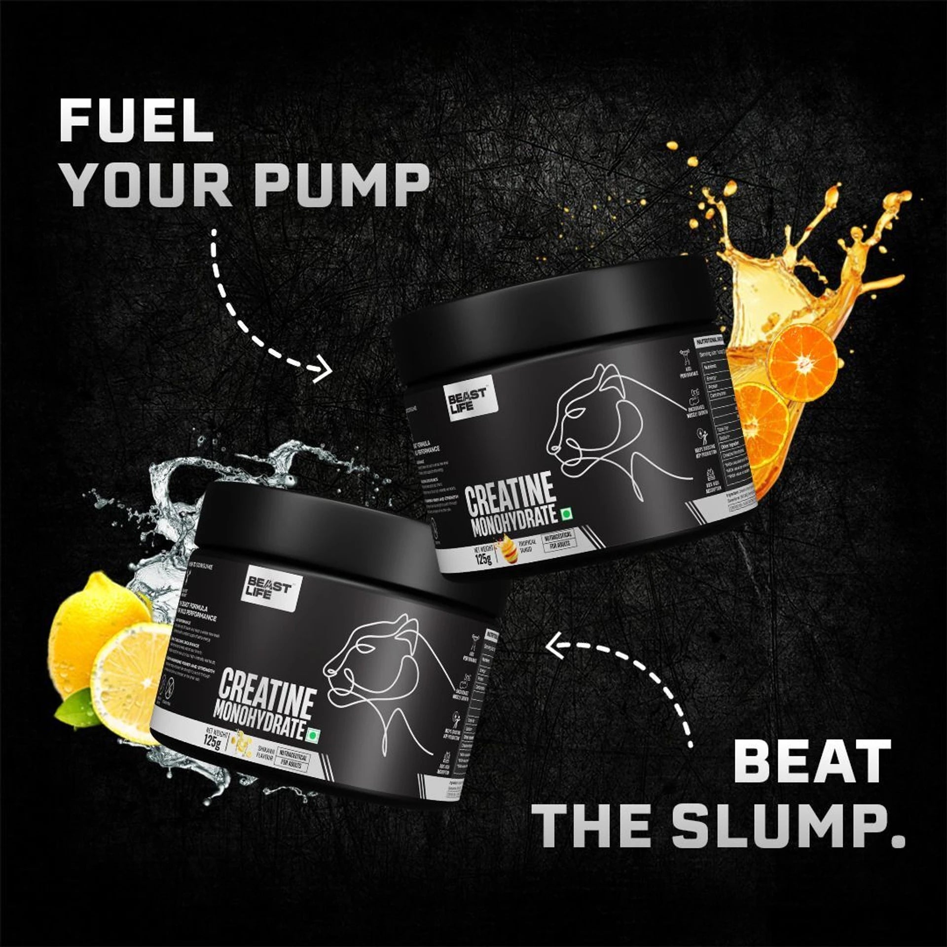 BeastLife Creatine Monohydrate | 125g | 33 Servings | NABL Lab Tested | Tropical Tango & Peach Flavors | Premium Sports Nutrition Supplement