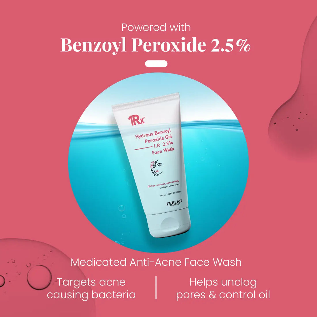1RX Hydrous Benzoyl Peroxide 2.5% Face Wash, 100gm