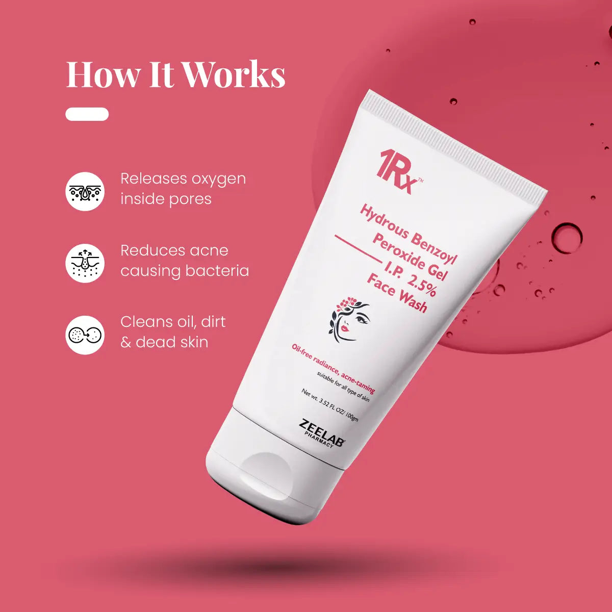 1RX Hydrous Benzoyl Peroxide 2.5% Face Wash, 100gm