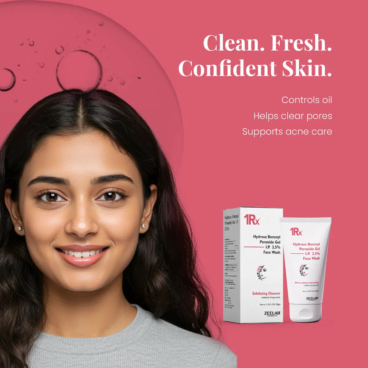 1RX Hydrous Benzoyl Peroxide 2.5% Face Wash, 100gm