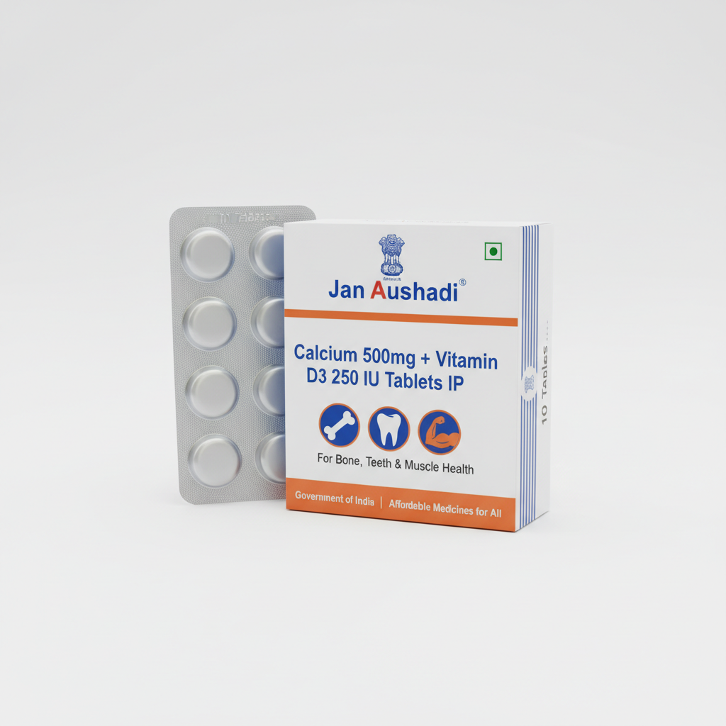 Jan Aushadhi Calcium 500mg + Vitamin D3 250 IU Tablets IP | Bone, Teeth & Muscle Health Supplement | 10 Tablets