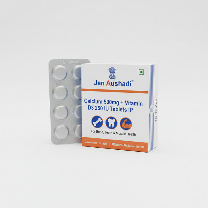 Jan Aushadhi Calcium 500mg + Vitamin D3 250 IU Tablets IP | Bone, Teeth & Muscle Health Supplement | 10 Tablets