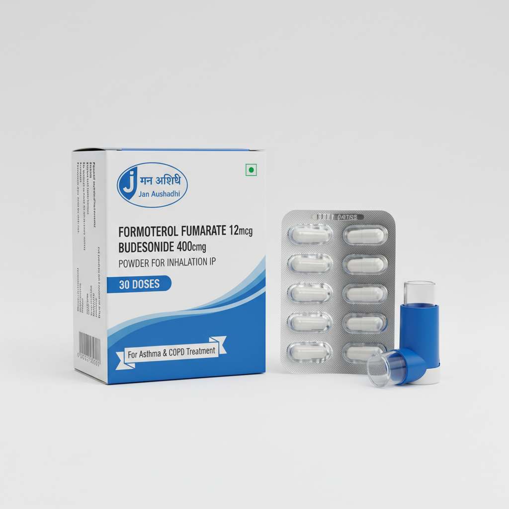Jan Aushadhi Formoterol Fumarate 12mcg & Budesonide 400mcg Powder for Inhalation IP | Asthma & COPD Inhalation Capsules | 30 Doses