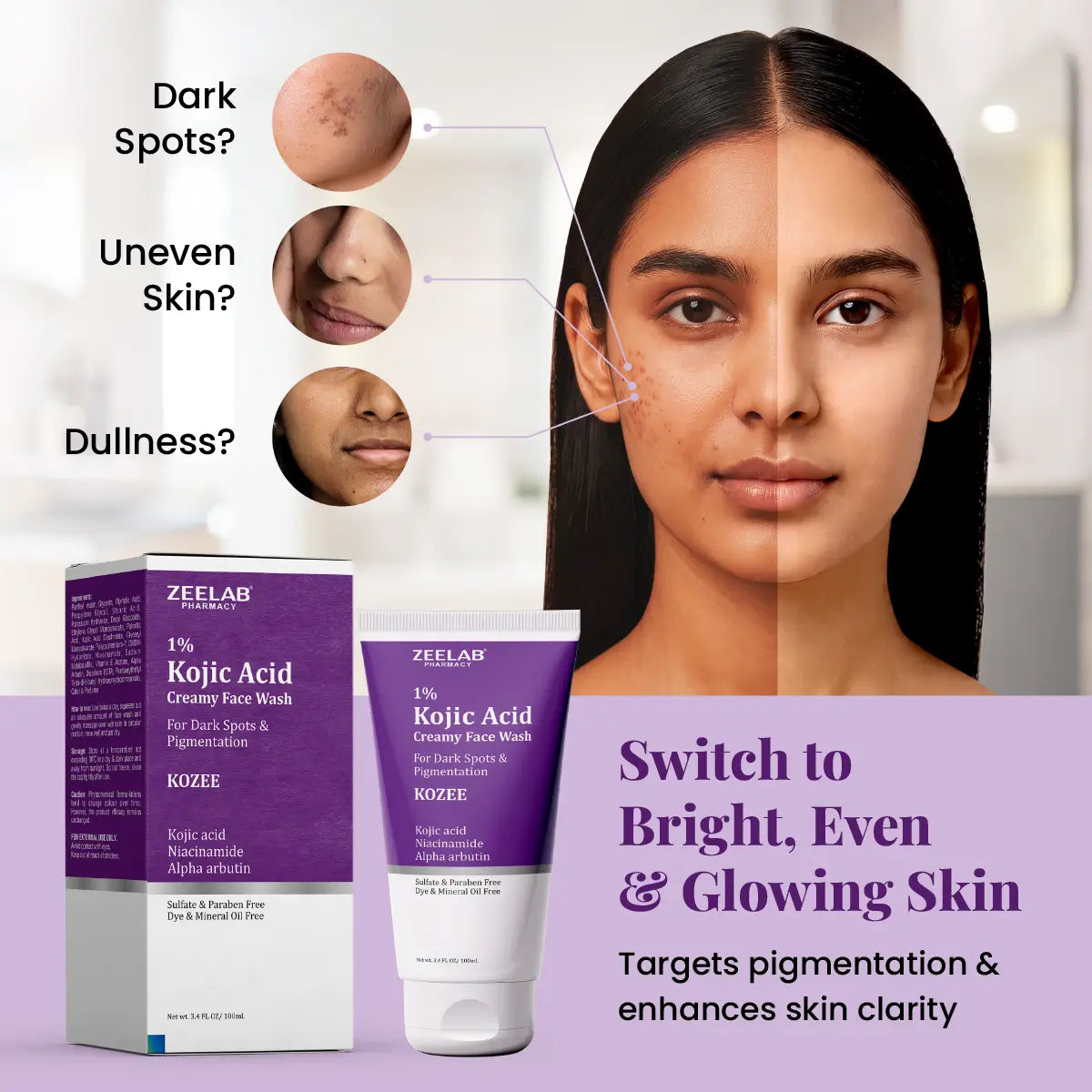 ZEELAB Kozee Kojic Acid 1% Face Wash | Niacinamide, Alpha Arbutin & Vitamin E | Skin Brightening & Anti-Pigmentation | 100ml