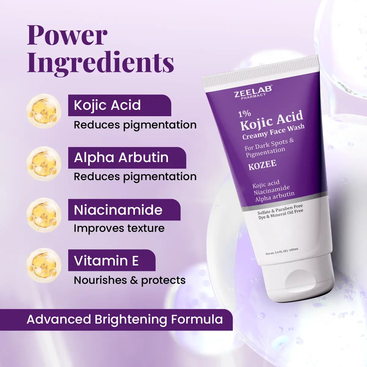 ZEELAB Kozee Kojic Acid 1% Face Wash | Niacinamide, Alpha Arbutin & Vitamin E | Skin Brightening & Anti-Pigmentation | 100ml