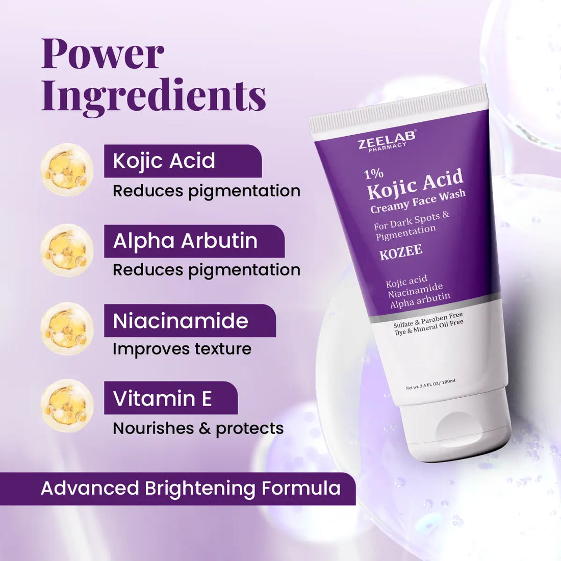 ZEELAB Kozee Kojic Acid 1% Face Wash | Niacinamide, Alpha Arbutin & Vitamin E | Skin Brightening & Anti-Pigmentation | 100ml