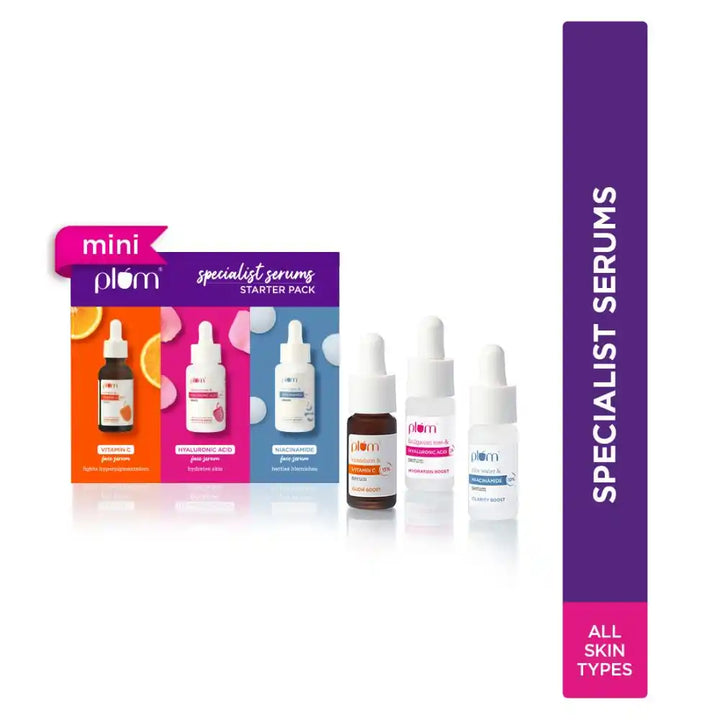 Plum Specialist Serums - Starter Pack I Set of 3 Mini Serums| 3ml Each I Vitamin C, Hyaluronic & Niacinamide I For Glowing, Hydrated, Clear Skin | Beginner-Friendly I All Skin Types | Fragrance- Free | 100% Vegan