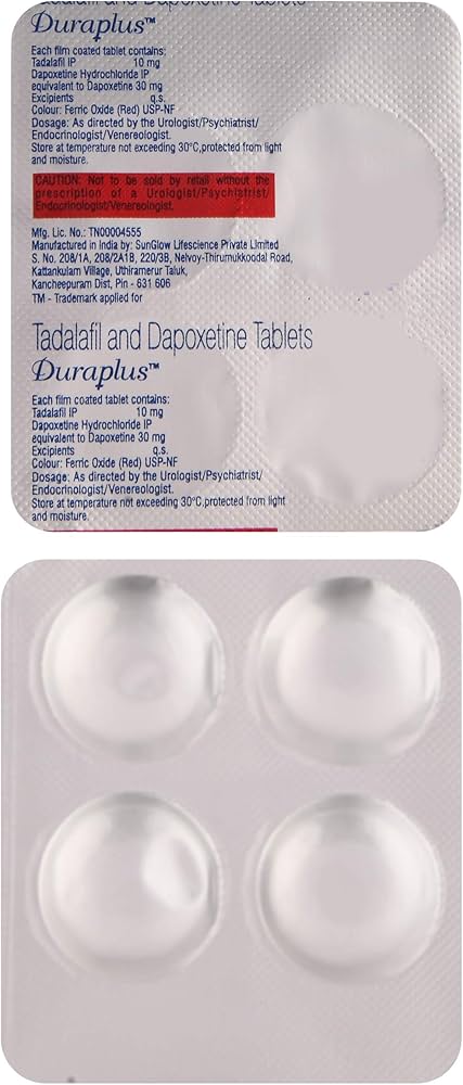 Tadalafil 10mg & Dapoxetine 30mg Tablets | Prescription Medicine for Erectile Dysfunction & Premature Ejaculation | 4 Tablets