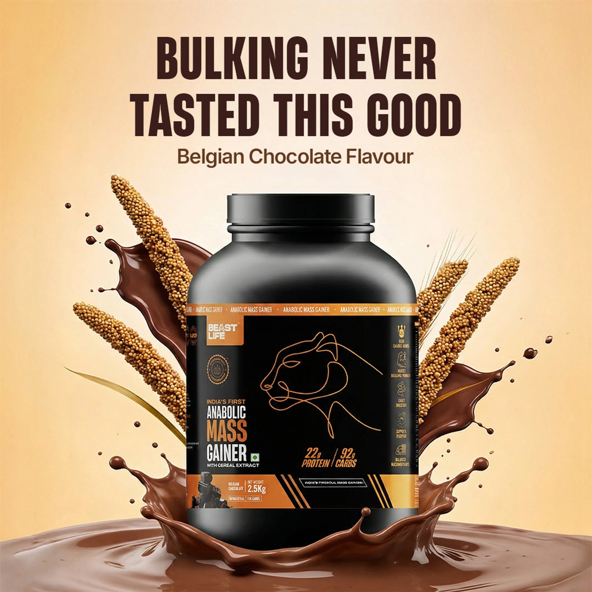 BeastLife High Rich Protein Gainer | No Maltodextrin | Anabolic Mass Gainer with Ultrasorb Tech | 2.5kg | Belgian Chocolate & Strawberry Banana