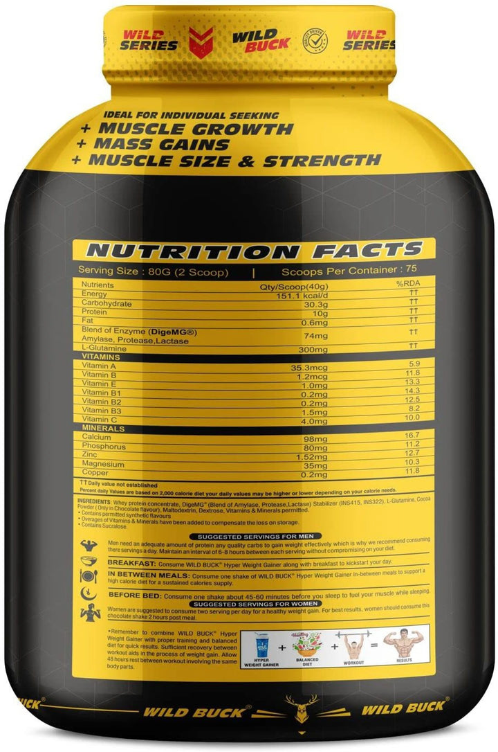 WILD BUCK Hyper Weight Gainer | High Protein Mass Gainer with L-Glutamine & Digestive Enzymes | 1kg & 3kg | Muscle Mass & Weight Gain Supplement | 75 Servings