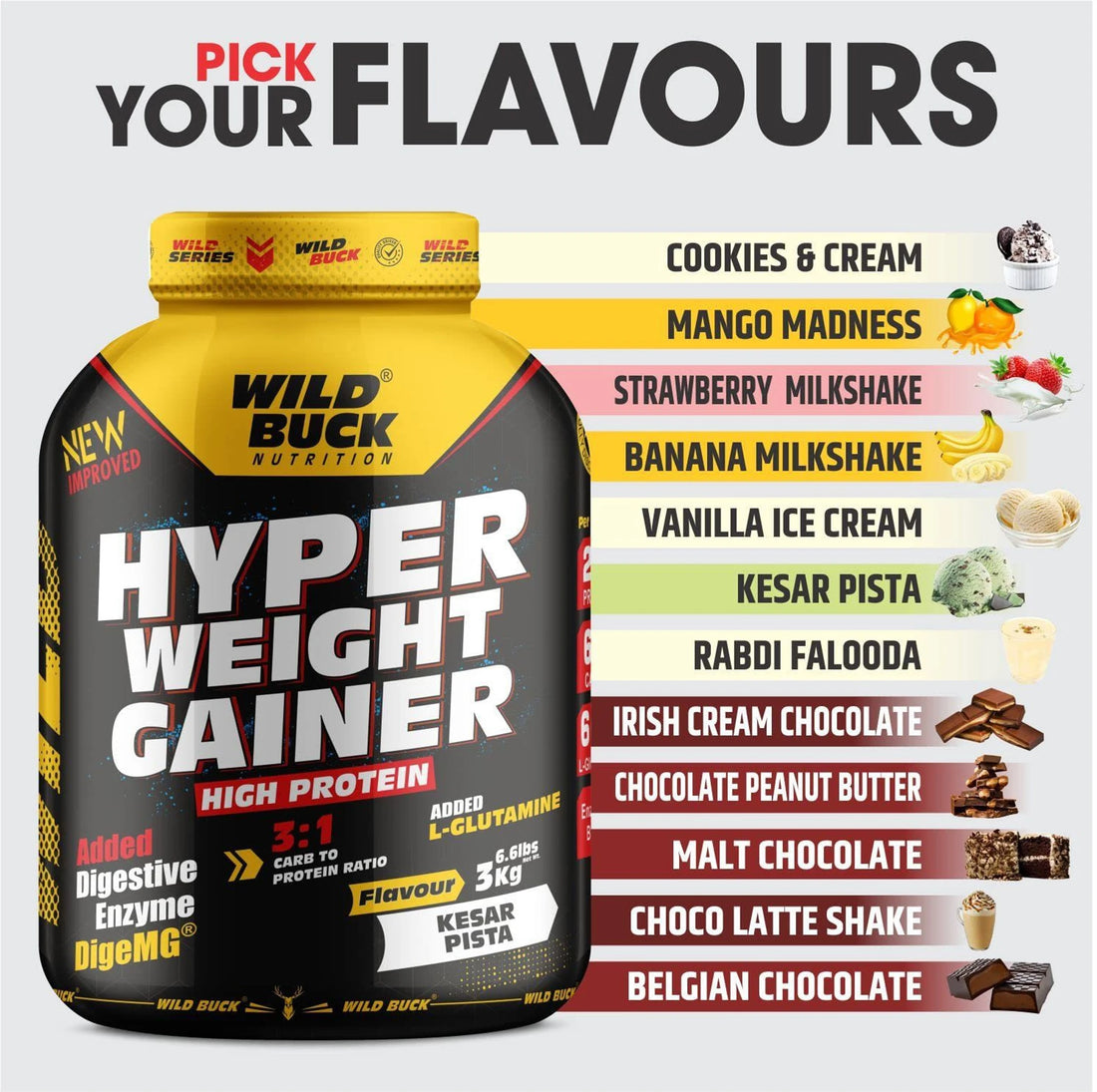 WILD BUCK Hyper Weight Gainer | High Protein Mass Gainer with L-Glutamine & Digestive Enzymes | 1kg & 3kg | Muscle Mass & Weight Gain Supplement | 75 Servings