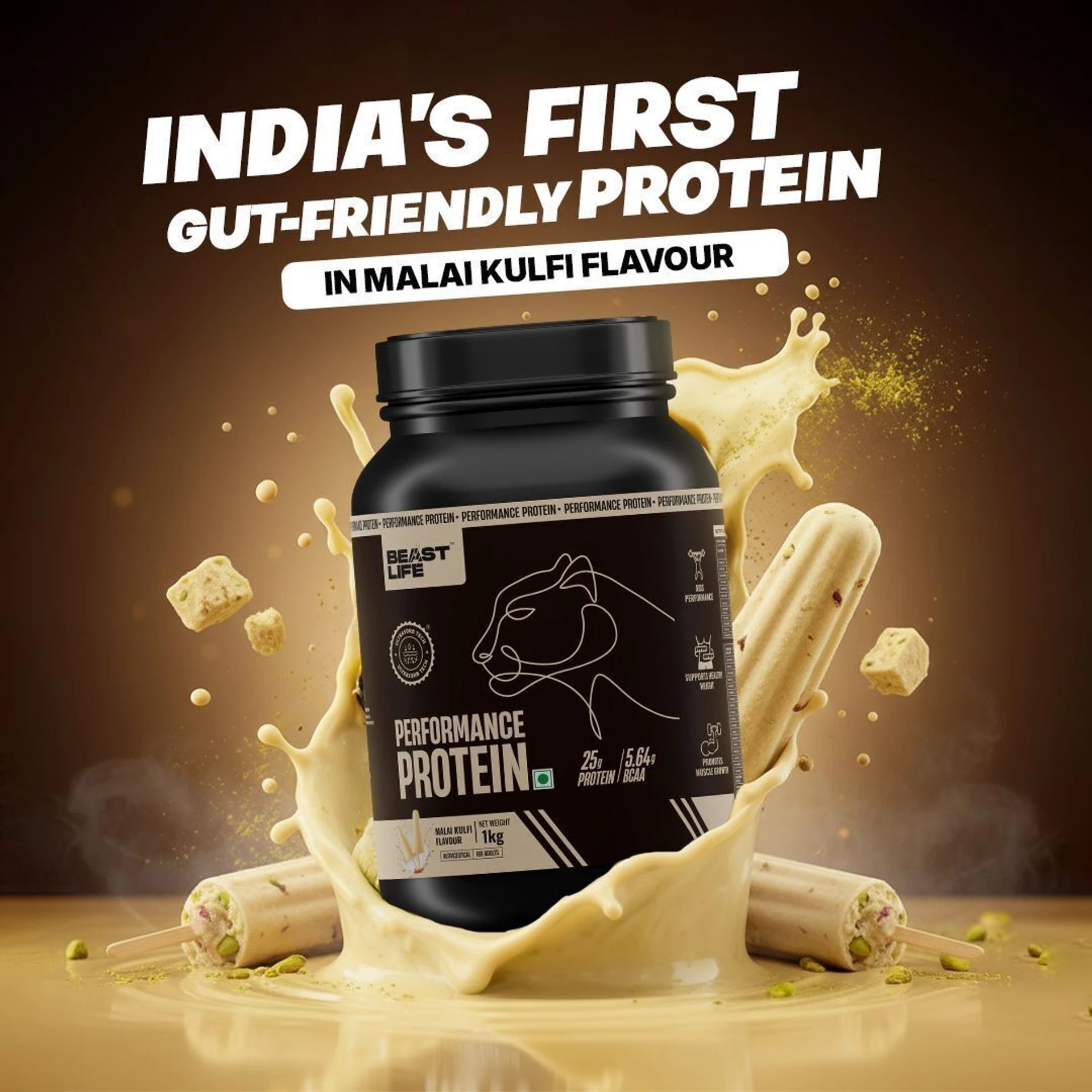 BeastLife Performance Protein Powder | 25g Protein & 5.64g BCAA Per Serving | Chocolate, Cold Coffee, Malai Kulfi, Mango, Cookies &amp; Cream, Rasmalai & Thandai | 1kg | Zero Added Sugar |