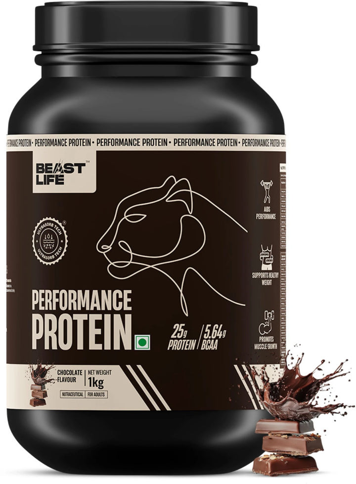 BeastLife Performance Protein Powder | 25g Protein & 5.64g BCAA Per Serving | Chocolate, Cold Coffee, Malai Kulfi, Mango, Cookies &amp; Cream, Rasmalai & Thandai | 1kg | Zero Added Sugar |