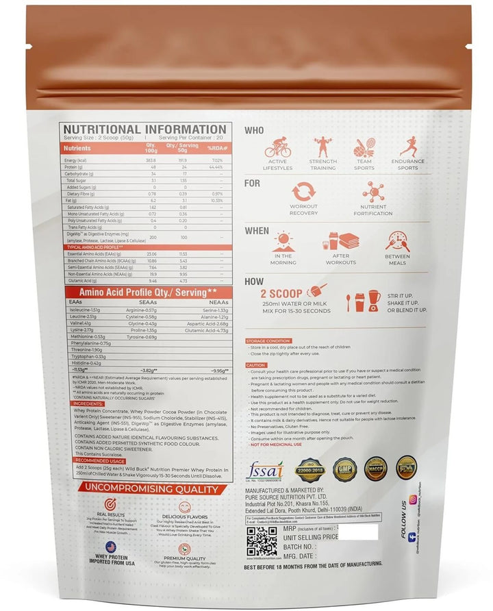 WILD BUCK Premier Whey Protein | High Protein, Amino Acids & Digestive Enzymes | 1kg | Caffe Mocha, Caramel Chocolate & Strawberry Mango