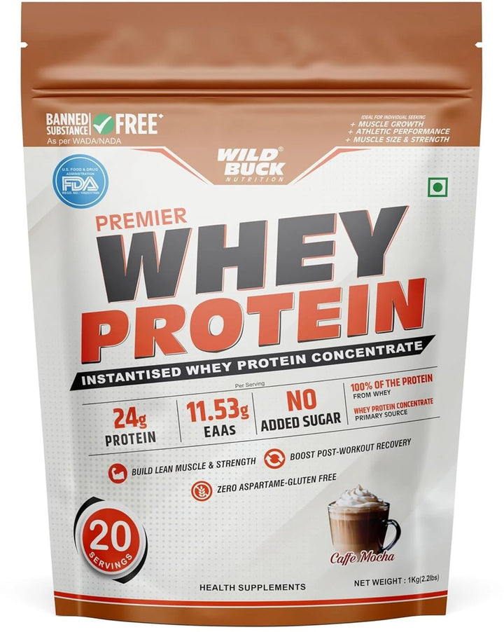 WILD BUCK Premier Whey Protein | High Protein, Amino Acids & Digestive Enzymes | 1kg | Caffe Mocha, Caramel Chocolate & Strawberry Mango