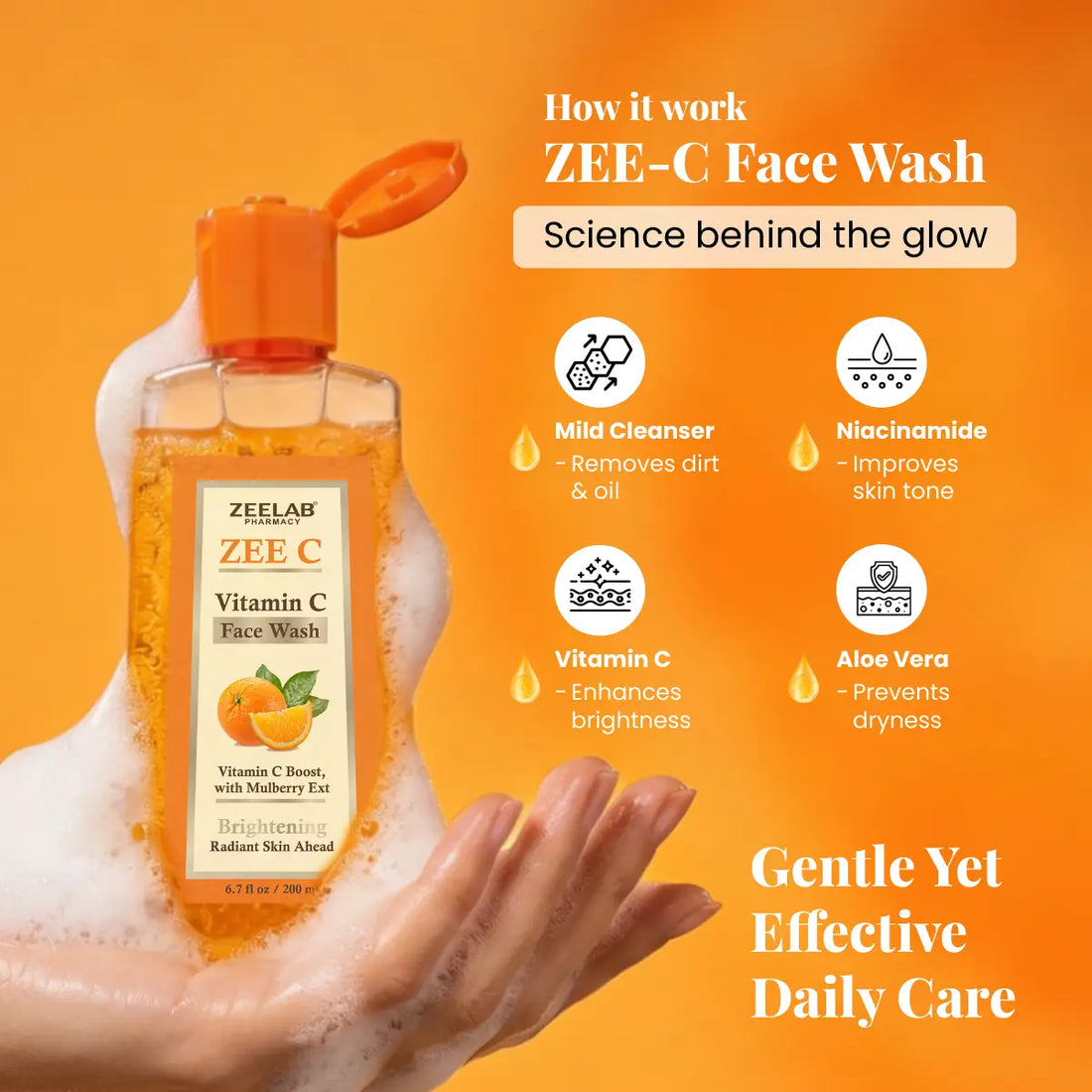 ZEELAB Zee C Vitamin C Face Wash 200ml | Brightening & Glow Face Cleanser | Daily Facial Cleanser