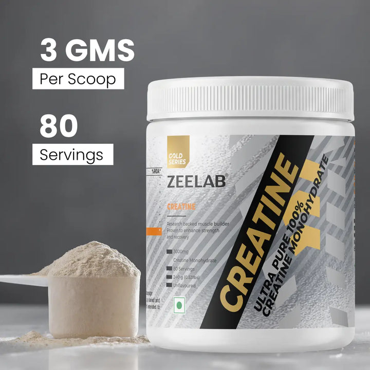 ZEELAB 100% Creatine Monohydrate Powder | Micronized Creatine for Muscle Strength, Power & Workout Performance | Unflavoured | 240g (80 Servings)