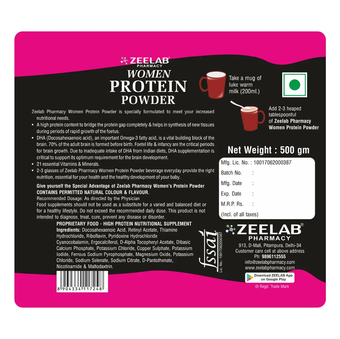 ZEELAB Women Protein Powder Chocolate Flavour | High Protein Nutrition with DHA, Calcium, Iron & Vitamins | 500g