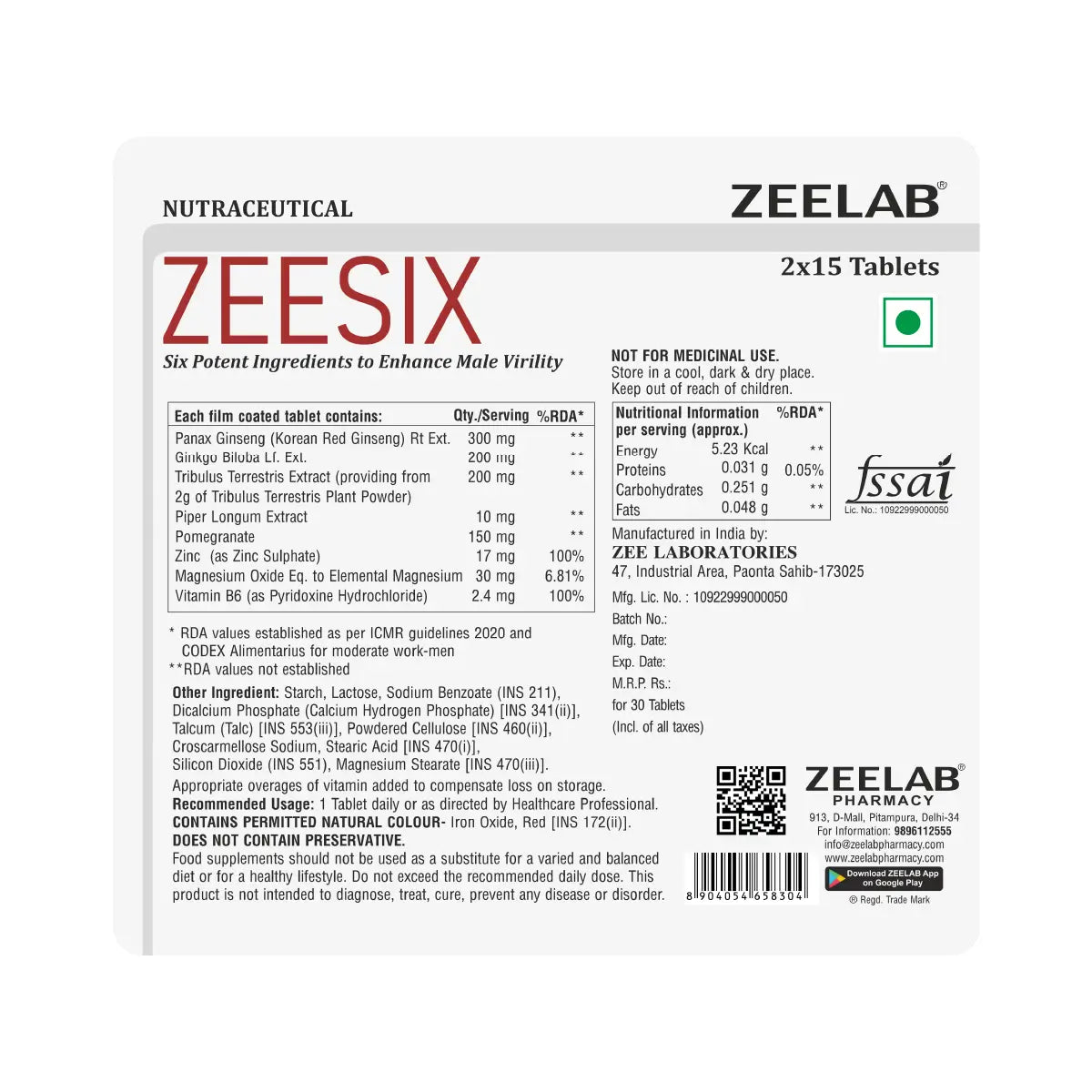 Zeesix Tablet - Six Potent Ingredients to enhance male virtility